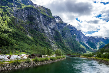 Gudvangen village on Naeroyfjord in Western Norway