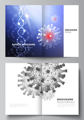 Vector layout of two A4 cover mockups templates for bifold brochure, flyer, magazine, cover design, book design. 3d medical background of corona virus. Covid 19, coronavirus infection. Virus concept.