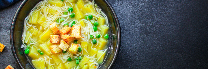 vegetable soup
green peas and small thin pasta vermicelli
Menu concept. food background. top view copy space for text
keto or paleo diet