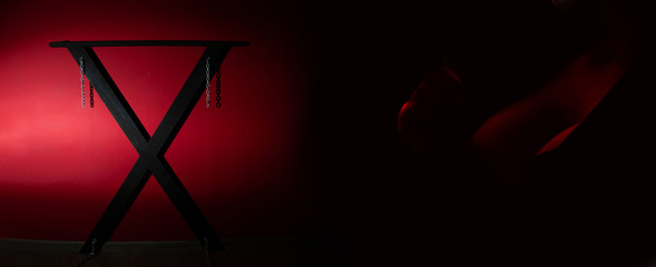 Horizontal panorama banner for web and text design. SM cross or Andreaskreuz is used in the BDSM scene on red background