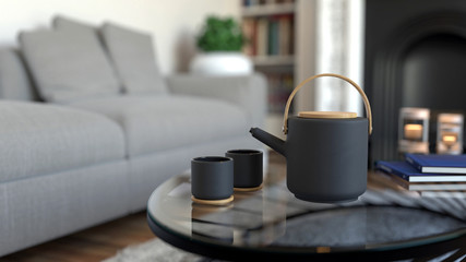 Indoor Home Tea Coffee Candle Pillow Seat Cup Teapot Candle Book - 3D Rendering