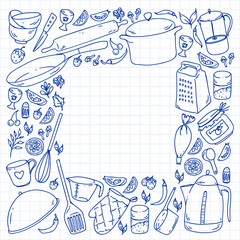 Cooking class, menu. Kitchenware, utencils Food and kitchen icons