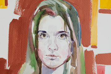 watercolor painting, female portrait, handmade   
