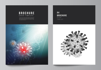 Vector layout of A4 cover mockups templates for brochure, flyer layout, booklet, cover design, book design. 3d medical background of corona virus. Covid 19, coronavirus infection. Virus concept.