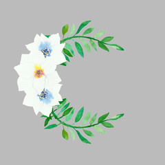 Watercolor hand painted nature floral circle frame composition with three white blossom flowers and green leaves on branch bouquet on the gray background for invitation and greeting cards