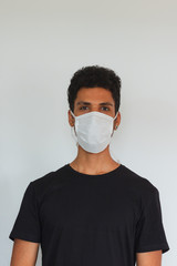 Man adult black wearing coronavirus mask isolated on white