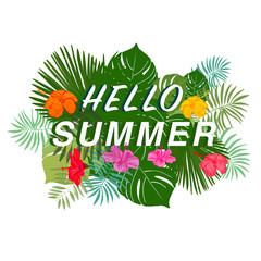 Hello Summer text. Beautiful summer time exotic circle frame with hand drawn colorful hibiscus vector illustration summer background