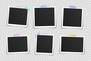 Vector Photo frame mockup design. Super set photo frame on sticky tape isolated on transparent background. Vector illustration