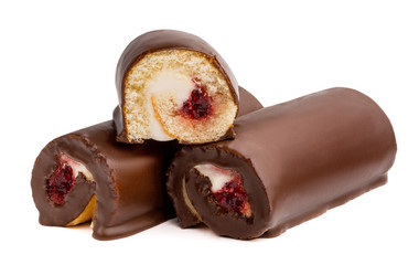 Chocolate cake roll with berry jam and butter cream isolated on white background