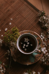 Cup of tea with blooming flowers