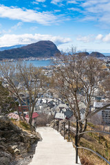 AALESUND, NORWAY - 2017 APRIL 27. Walking path to Fjellstuen at Aksla with view over Aalesund City.