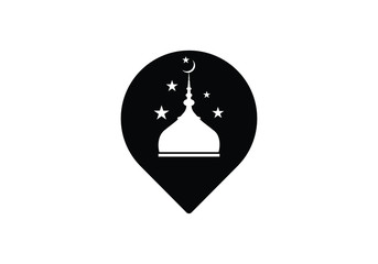 Elegant Mosque Icon with Crescent Moon and Stars Spiritual Center Location Design