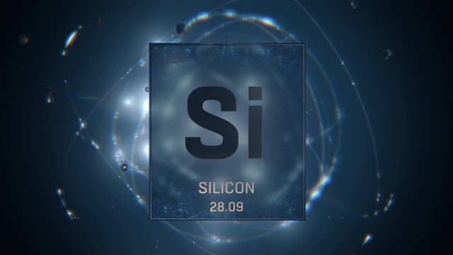 Silicon as Element 14 of the Periodic Table. Seamlessly looping 3D animation on blue illuminated atom design background with orbiting electrons. Design shows name, atomic weight and element number