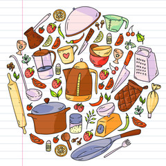 Cooking class. Kitchenware, utencils. Food and kitchen icons.