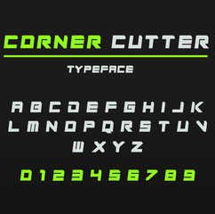 Alphabet with numbers, square font with corner cut off.  For commercial use.