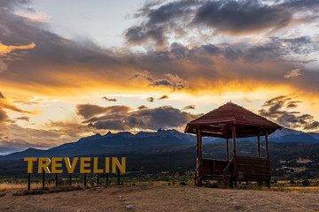 Lookout point against Andes mountains during sunset in Trevelin, Patagonia, Argentina