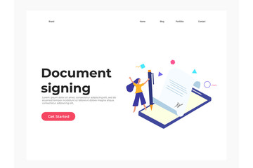Document signing concept illustration concept for web landing page template, banner, and presentation