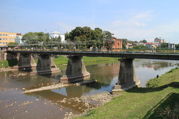 Pishokhidnyy mist bridge on Uh river in Uzhorod, Ukraine