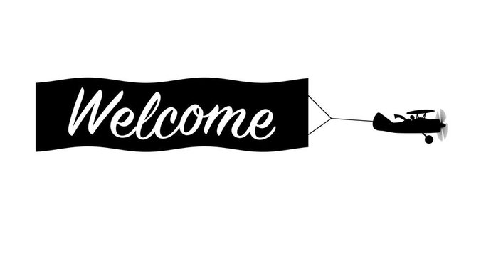Welcom, greeting banner, 2d animation, cartoon, illustration, vector card, alpha chennel, black and white. Flying Biplane with banner, retro air vehicle with ribbon.