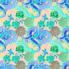 Fototapeta na wymiar Creative seamless pattern with hand drawn chinese art elements: dragon, lantern, fan and flowers. Trendy print. Fantasy chinese dragon, great design for any purposes. Asian culture. Abstract art.