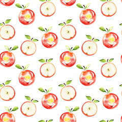 Fruit seamless pattern 14. Watercolor red apples. Isolated on white.