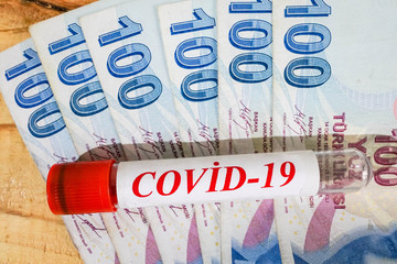 Turkish Lira and a covid 19 test. Concept about COVID-19 transmits via money.