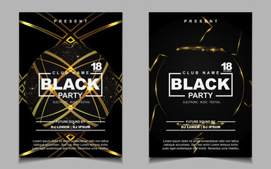 Night dance party music layout cover design template background with elegant black and gold style. Light electro style vector for music event concert disco, club invitation, festival poster, party