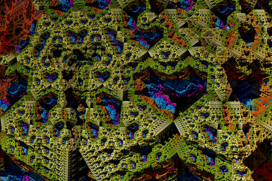 3D render. Fractal landscape - layered patterns on each side of the image, recursive spheres lined up between the star patterns with different interactive geometric patterns. Fractal background.