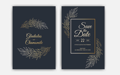 Minimalist wedding invitation card template design. Template, Frame with Delicate Flowers, Branches, Plants.