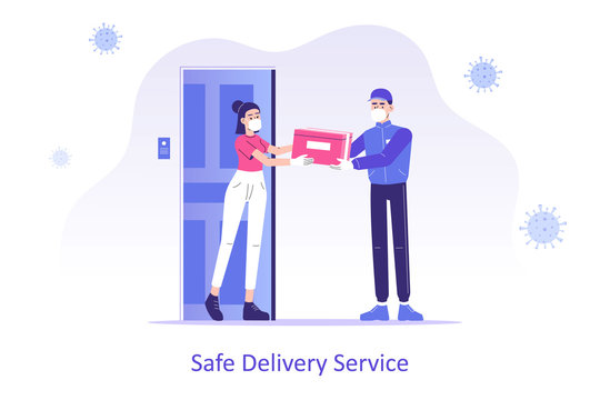 Online safe delivery service concept. Young courier man with medical mask delivering a package or box to woman during coronavirus (COVID-19) quarantine. Doorstep delivery to home. Vector illustration