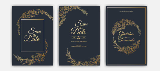 Minimalist wedding invitation card template design. Template, Frame with Delicate Flowers, Branches, Plants.