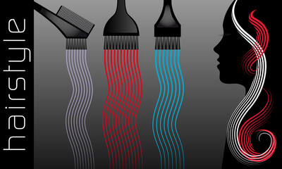 Illustration vectorielle pour un coiffeur d’une silhouette de femme et des brosses pour teindre les cheveux. - obrazy, fototapety, plakaty