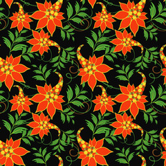 Ethnic floral seamless pattern. Vector ornament  with fantasy red flowers, green leaves on black background. Elegant paisley print with hand drawn elements. Folk style repeat design for decor, fabric