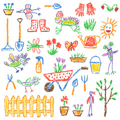 Gardening tools set. Garden or farm instruments. Like child hand drawing equipment. Crayon, pencil or pastel chalk isolated vector flower, watering can, shovel, fence, cart, rubber boots, plant, rake