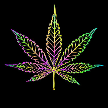 Cannabis colorful leaf isolated on black. Shape or silhouette herbal nature symbol. Vector doodle cartoon hand drawing bright rainbow multicolor logo marijuana or ganja plant. Line art. 
