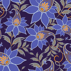 Ethnic floral seamless pattern. Vector ornament background with fantasy blue flowers, leaves. Elegant paisley print with hand drawn elements. Folk style painting. Repeated design for decor, textile