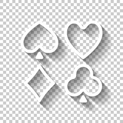 Playing cards. Hearts, spades, diamonds, clubs. Linear style. White icon with shadow on transparent background