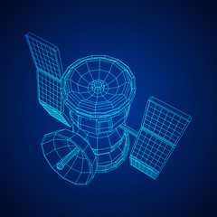 Space station communications satellite. Wireframe low poly mesh vector illustration.