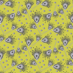 Vector seamless pattern with feathers. Elegant ornament in green and gray color. Vintage ornament. Paisley print with hand drawn elements. Modern repeat design for decoration, textile, wallpapers