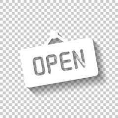 Open tag or label for shop. White icon with shadow on transparent background