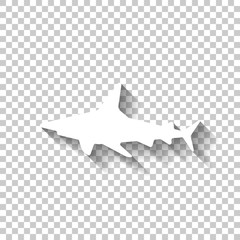 Shark silhouette, underwater predator. White icon with shadow on transparent background