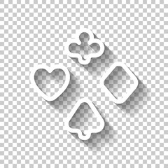 Playing card suits, poker club, outline design. White icon with shadow on transparent background
