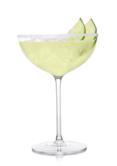 Luxury crystal glass of Margarita cocktail with fresh lime slices on white.