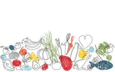 Background with Organic Food. Pattern with Vegetables, fruits, meat and seafood. Continuous drawing style. Vector illustration.
