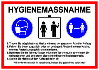 ds114 DiskretionSchild - german label: Aufzug / Lift / Elevator. - Bitte Abstand halten und Maske tragen - Gebotszeichen in blau - social distance. - red frame poster - DIN A1 A2 A3 A4 - xxl g9499