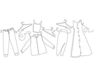 Vector Background with Clothes and Hangers. One line Continuous Drawing Style. Hand Drawing Pattern. © Ірина 