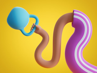 3d render cartoon boneless hand holds heavy weight, isolated on yellow background. Power lifting at home. Bodybuilding exercise, extraordinary funny surrealistic clip art, unusual sport motivation