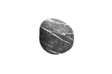 Single black stone balanced in a white background