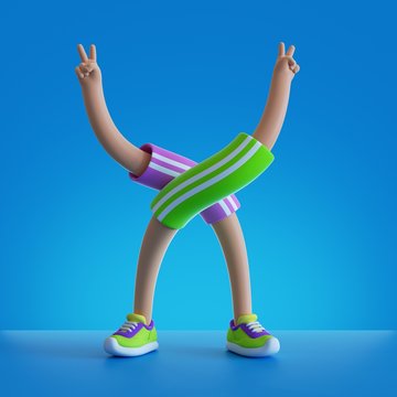 3d render cartoon character flexible body parts. Hands and legs isolated on blue background. Physical activity at home, indoor fitness exercise routine. Funny surrealistic clip art, sport motivation