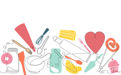 Bakery Pattern. Background with Baking Products and Utensils. Cooking poster. Continuous drawing style. Vector illustration.